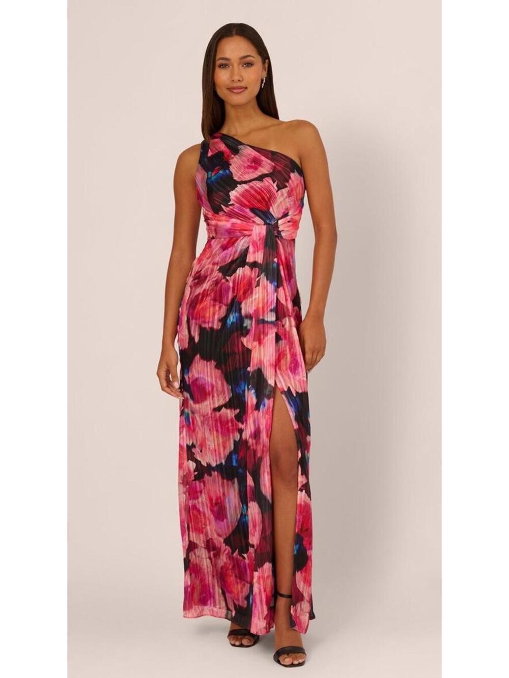 New Adrianna Papell Pleated Floral One-Shoulder Chiffon Gown Black/Berry Sz 12